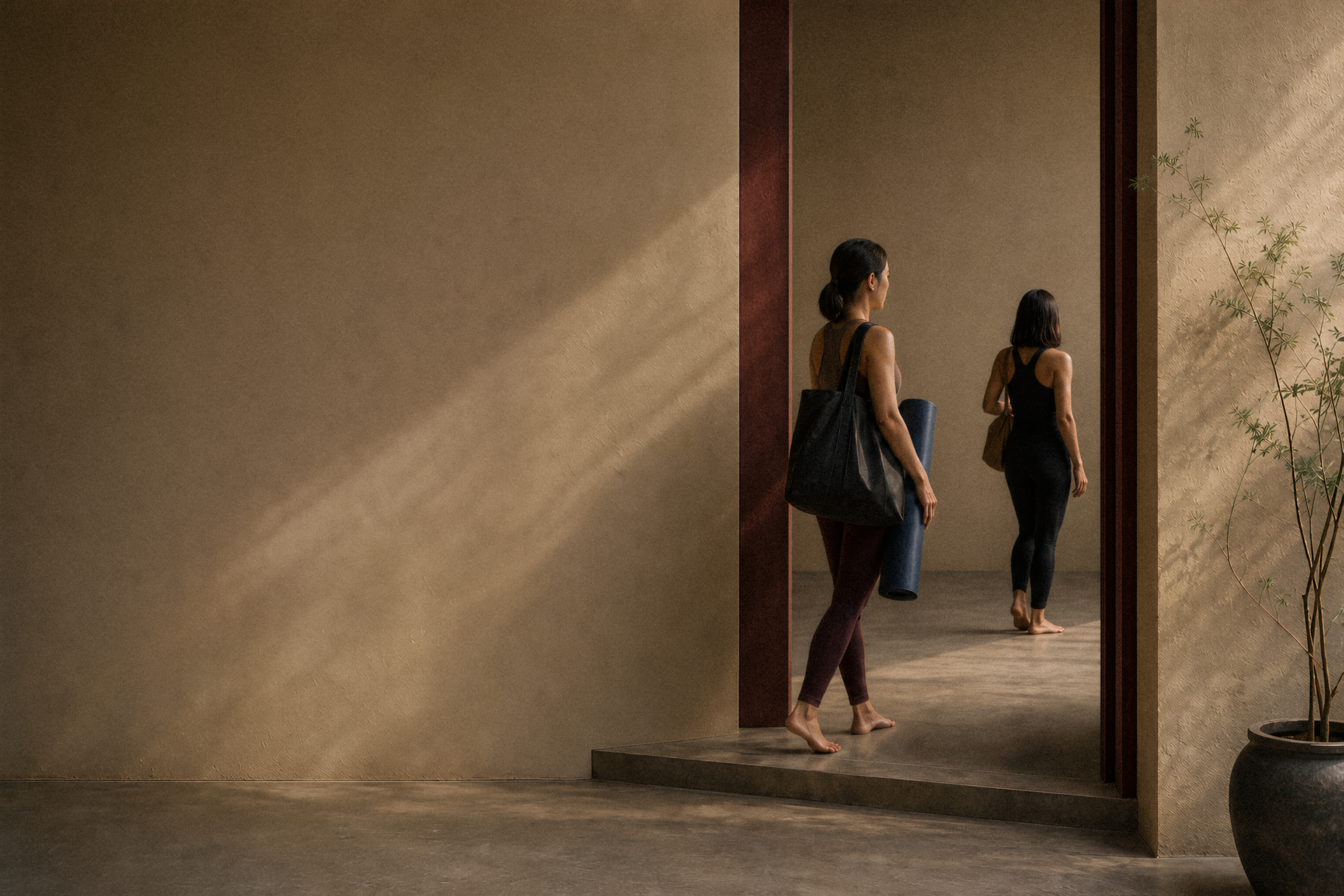 Students entering a warm movement studio with yoga mats.